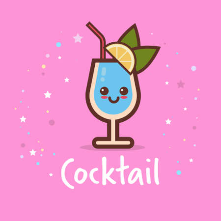 cute cocktail glass cartoon comic character with smiling face happy emoji kawaii style fresh alcohol drink concept vector illustrationのイラスト素材