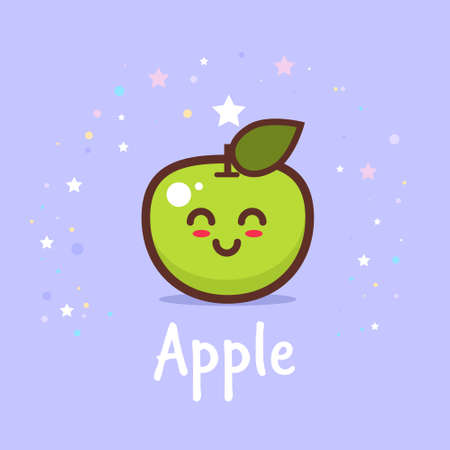 cute green apple cartoon comic character with smiling face happy emoji kawaii style fresh fruit healthy food concept vector illustrationのイラスト素材