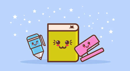 set cute stapler book and pen cartoon comic characters with smiling faces happy emoji kawaii style back to school concept horizontal vector illustrationのイラスト素材