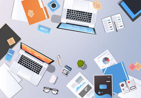 startup concept new business plan creative innovation top angle view desktop laptop smartphone...
