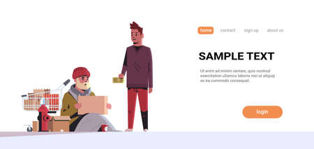 guy giving money to poor man with belongings in a trolley sitting on street begging for help beggar holding sign board homeless concept white background horizontal copy space vector illustrationのイラスト素材