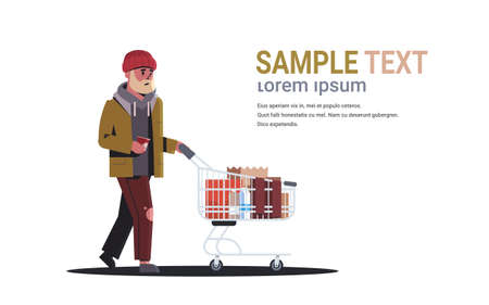 poor man pushing trolley cart with belongings guy walking street begging for help beggar holding paper cup homeless concept white background horizontal full length copy space vector illustrationのイラスト素材