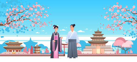 asian couple wearing traditional clothes man woman in ancient costume standing together chinese or japanese characters over pagoda buildings landscape background full length horizontal vector illustrationのイラスト素材