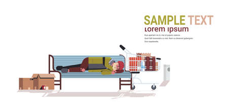 poor man sleeping outdoor drunk beggar lying on wooden bench homeless concept white background horizontal full length copy space vector illustrationのイラスト素材