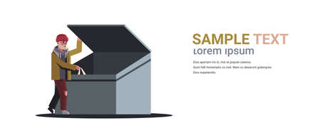 poor man looking for food and clothes in trash can on street homeless jobless concept white background horizontal full length copy space vector illustrationのイラスト素材