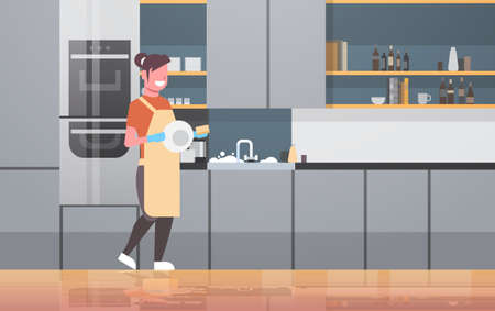 young woman washing dishes smiling girl wiping plates modern kitchen interior dishwashing concept housewife doing housework flat horizontal full length vector illustrationのイラスト素材