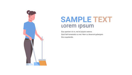 housewife sweeping floor with broom and scoop young girl doing housework housecleaning concept female cartoon character full length flat horizontal white background copy space vector illustrationのイラスト素材