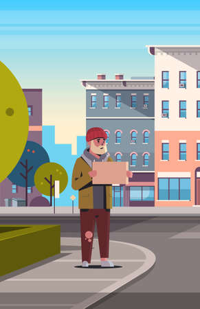 poor bearded man begging for help beggar guy holding sign board homeless jobless concept modern city street cityscape background vertical full length vector illustrationのイラスト素材