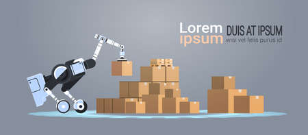 Robotic Worker Loading Cardboard Boxes Hi Tech Smart Factory Warehouse Logistics Automation Technology Concept Modern Robot Cartoon Character Flat Copy Space Horizontal Vector Illustrationのイラスト素材 ストックフォト 写真素材のstock Foto ストック