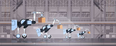 robotic workers loading cardboard boxes hi-tech smart factory warehouse interior logistics automation technology concept modern robots cartoon characters flat horizontal vector illustrationのイラスト素材