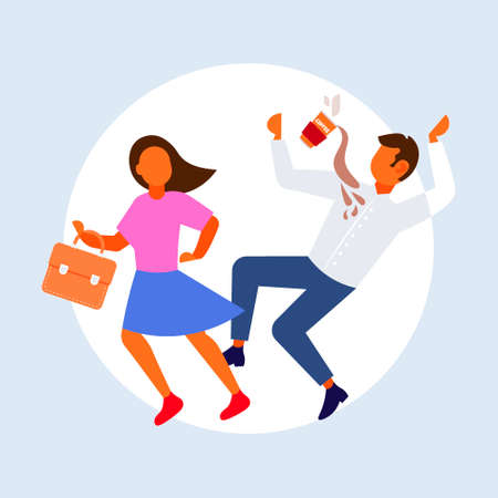 woman knocking man with coffee cup falling down failure accident concept male female cartoon characters full length flat vector illustrationのイラスト素材