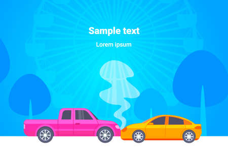 car accident crash on road head-on collision crashed cars concept ferris wheel landscape background flat horizontal copy space vector illustrationのイラスト素材
