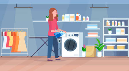 woman pouring powder gel into washing machine housewife doing housework modern laundry room interior cartoon character full length flat horizontal vector illustrationのイラスト素材