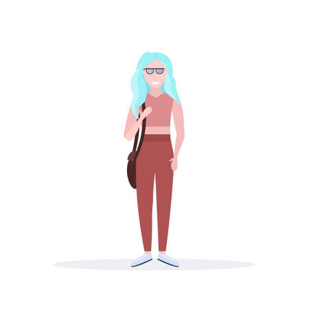 happy casual woman standing pose smiling lady holding handbag female cartoon character full length flat white background vector illustrationのイラスト素材