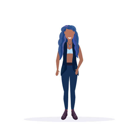 happy casual woman standing pose smiling african american girl female cartoon character full length flat white background vector illustrationのイラスト素材