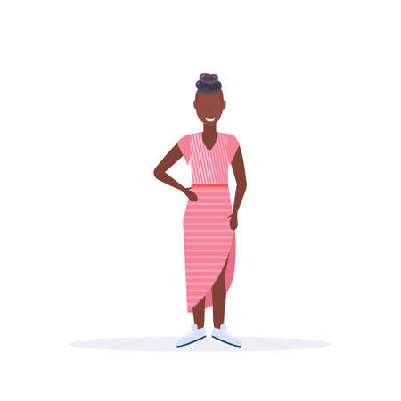 happy casual woman standing pose smiling african american girl female cartoon character full length flat white background vector illustrationのイラスト素材