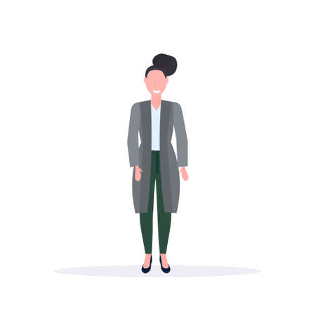 elegant woman standing pose smiling brunette lady office worker female cartoon character full length...