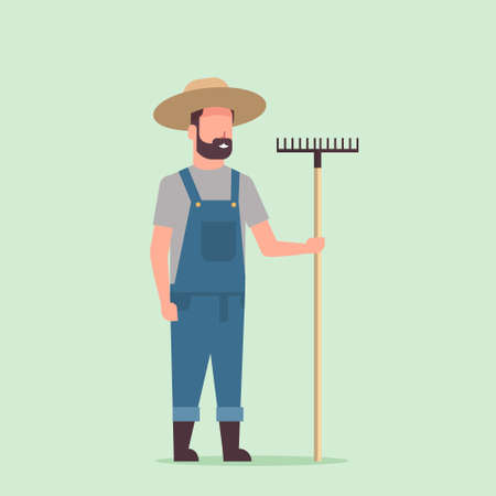 gardener holding rake country man working in garden gardening eco farming concept full length vector illustrationのイラスト素材