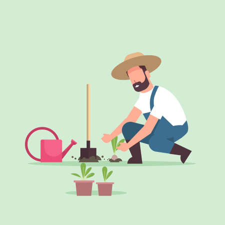 male farmer planting young seedlings plants flowers and vegetables man working in garden agricultural worker in uniform eco farming concept flat full length vector illustrationのイラスト素材