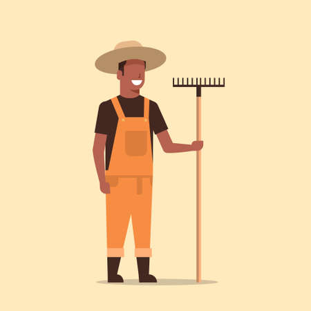 gardener holding rake african american country man working in garden gardening eco farming concept full length vector illustrationのイラスト素材