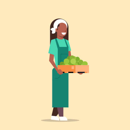 female farmer holding box with green ripe apples african american woman harvesting fruits agricultural worker eco farming concept flat full length vector illustrationのイラスト素材