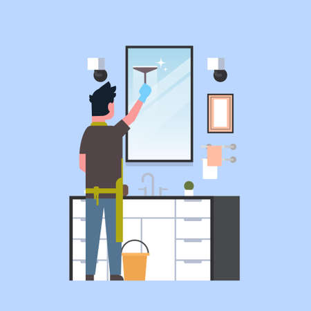 man in gloves and apron cleaning mirror with squeegee guy in bathroom doing housework concept rear view male character full length vector illustrationのイラスト素材
