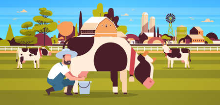 male farmer milking cow in bucket farm domestic animal cattle fresh milk concept flat horizontal farmland barn countryside landscape flat full length horizontal vector illustrationのイラスト素材