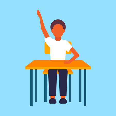 schoolboy sitting desk african american male pupil raising hand during lesson education concept elementary school full length flat blue background vector illustrationのイラスト素材