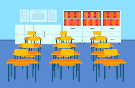 empty school class room interior modern classroom desks bookshelves furniture flat horizontal vector illustrationのイラスト素材