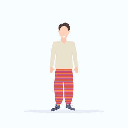 happy casual man standing pose smiling guy wearing trendy clothes male cartoon character full length flat white background vector illustrationのイラスト素材