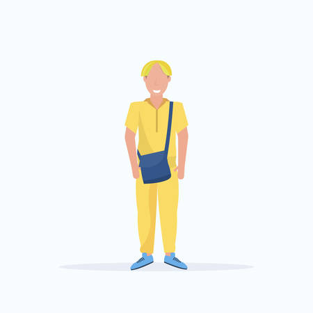 happy casual man with dyed hair standing pose smiling guy wearing trendy clothes holding handbag male cartoon character full length flat white background vector illustrationのイラスト素材