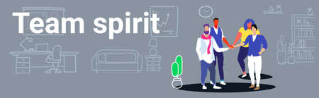 businesspeople group collaborating holding pile hands team spirit concept business people standing together teamwork modern office interior sketch doodle horizontal banner full length vector illustrationのイラスト素材