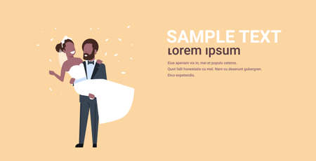 just married bridegroom holding bride on hands romantic african american couple in love wedding day concept yellow background copy space full length horizontal flat vector illustrationのイラスト素材