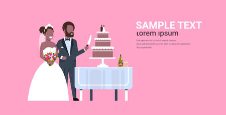 newlyweds just married african american couple cutting sweet cake together bride and groom in love wedding day concept pink background copy space full length horizontal flat vector illustrationのイラスト素材