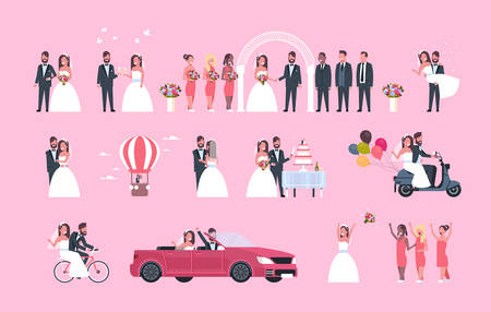 set just married man woman standing together different concepts collection romantic couple bride and groom in love wedding day celebration full length horizontal flat vector illustrationのイラスト素材