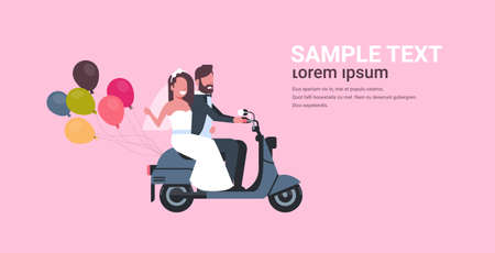 just married man woman riding motor scooter with colorful balloons romantic couple bride and groom having fun wedding day concept pink background copy space full length horizontal flat vector illustrationのイラスト素材