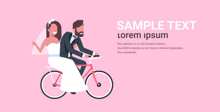 just married man woman riding bicycle romantic couple bride and groom cycling bike having fun wedding day concept pink background copy space full length horizontal flat vector illustrationのイラスト素材