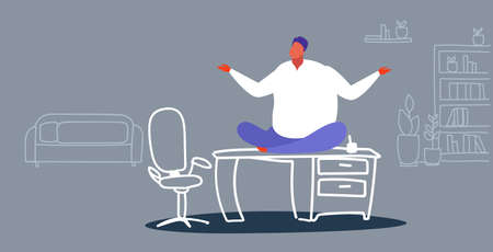 fat businessman freelancer sitting lotus pose on table workplace desk obese business man keeping calm yoga meditation concept office interior sketch doodle horizontal vector illustrationのイラスト素材