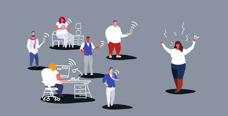 unsatisfied fat woman boss screaming on employees sitting in gadgets bad job concept angry employer...