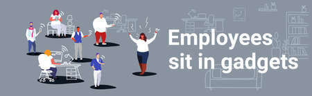 unsatisfied fat woman boss screaming on employees sitting in gadgets bad job concept angry employer...