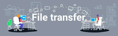 man woman transferring data folders sharing work files colleagues sitting at workplace using cloud network system file transfer concept workspace co-working center sketch doodle horizontal vector illustrationのイラスト素材