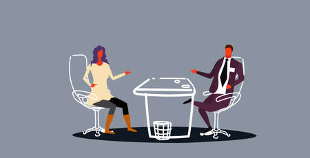 businessman asking questions and listening to candidate woman answers apply job interview concept modern office interior horizontal sketch vector illustrationのイラスト素材