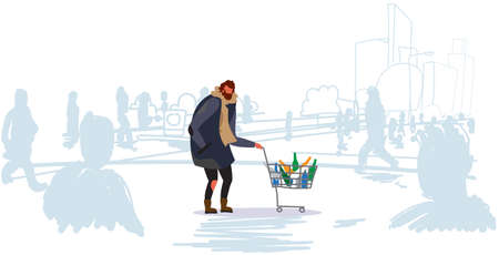 poor man pushing trolley cart with colorful empty bottles guy walking street begging for help out from crowd homeless concept people silhouette background horizontal vector illustrationのイラスト素材