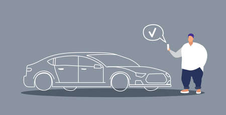 fat man holding smart phone ordering cab obese guy using mobile application online taxi service concept sketch doodle horizontal full length vector illustrationのイラスト素材