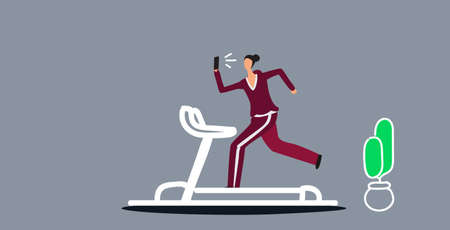 sportswoman running on treadmill girl using phone taking selfie on smartphone camera social media...