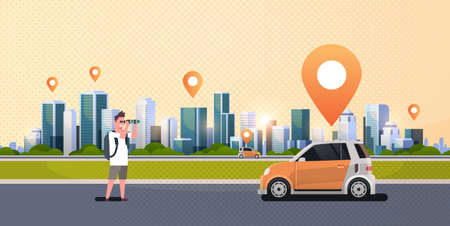 man looking through binoculars searching automobile vehicle rent car sharing concept transportation carsharing service modern cityscape background horizontal vector illustrationのイラスト素材