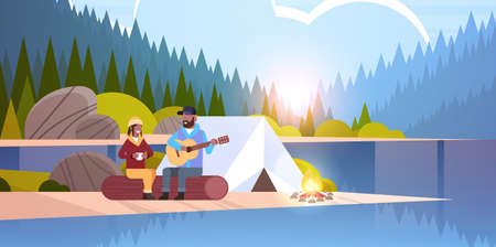 couple tourists hikers relaxing in camp african american man playing guitar for girlfriend sitting on log hiking concept sunrise landscape nature river forest mountains background horizontal vector illustrationのイラスト素材