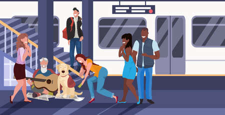 beggar sitting with dog train subway railway underground station mix race passengers giving money to beggar man playing guitar homeless jobless concept horizontal full length vector illustrationのイラスト素材