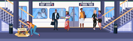 man begging for help girl giving money to beggar with sign board homeless concept mix race passengers at subway railway underground station standing on platform flat horizontal full length vector illustrationのイラスト素材
