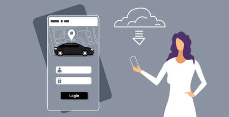 woman downloading online mobile app rent car sharing concept transportation carsharing service girl holding smartphone application system update horizontal sketch portrait vector illustrationのイラスト素材